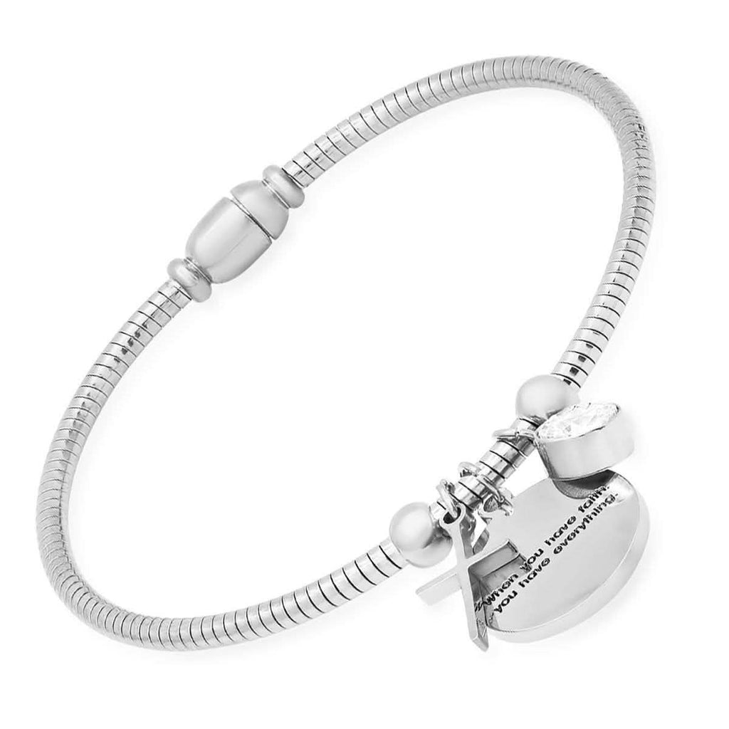 Ladies Stainless Steel "When you have faith…"Swarovski Crystal and Cross Charm Snake Chain Bracelet