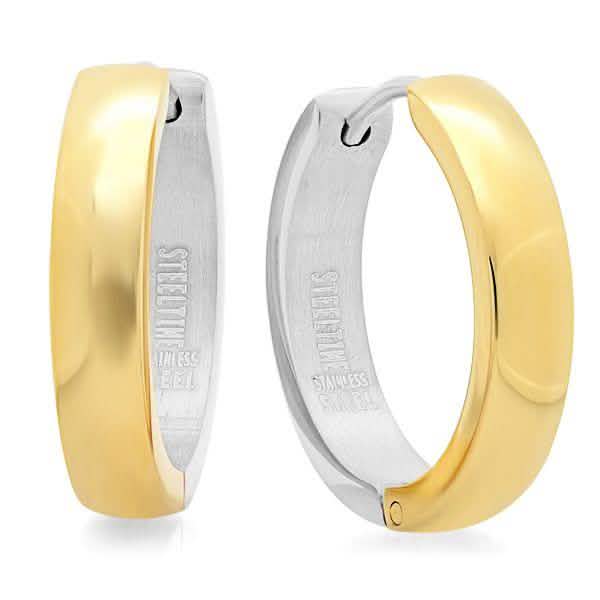 Ladies Two Tone Stainless Steel and 18K Gold Plated Huggie Earrings