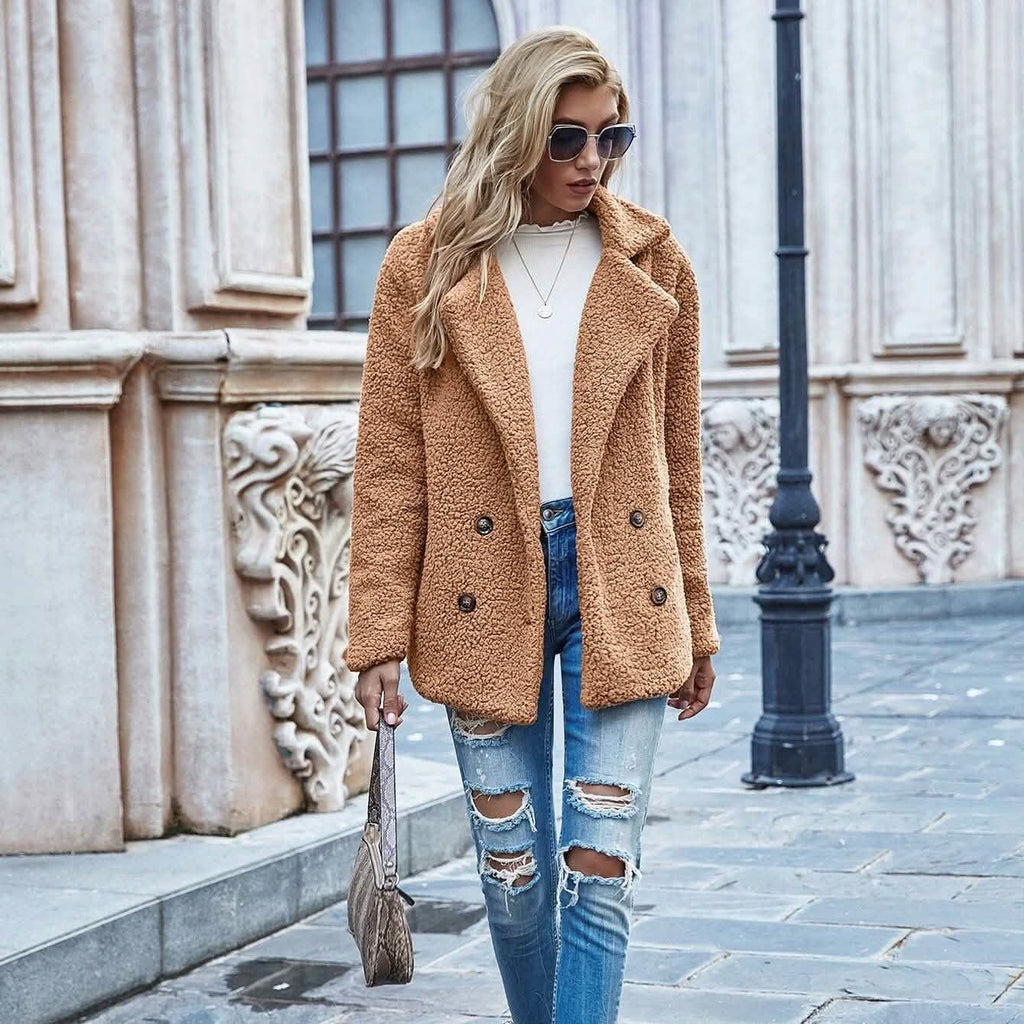 Lapel Collar Double Button Teddy Coat
