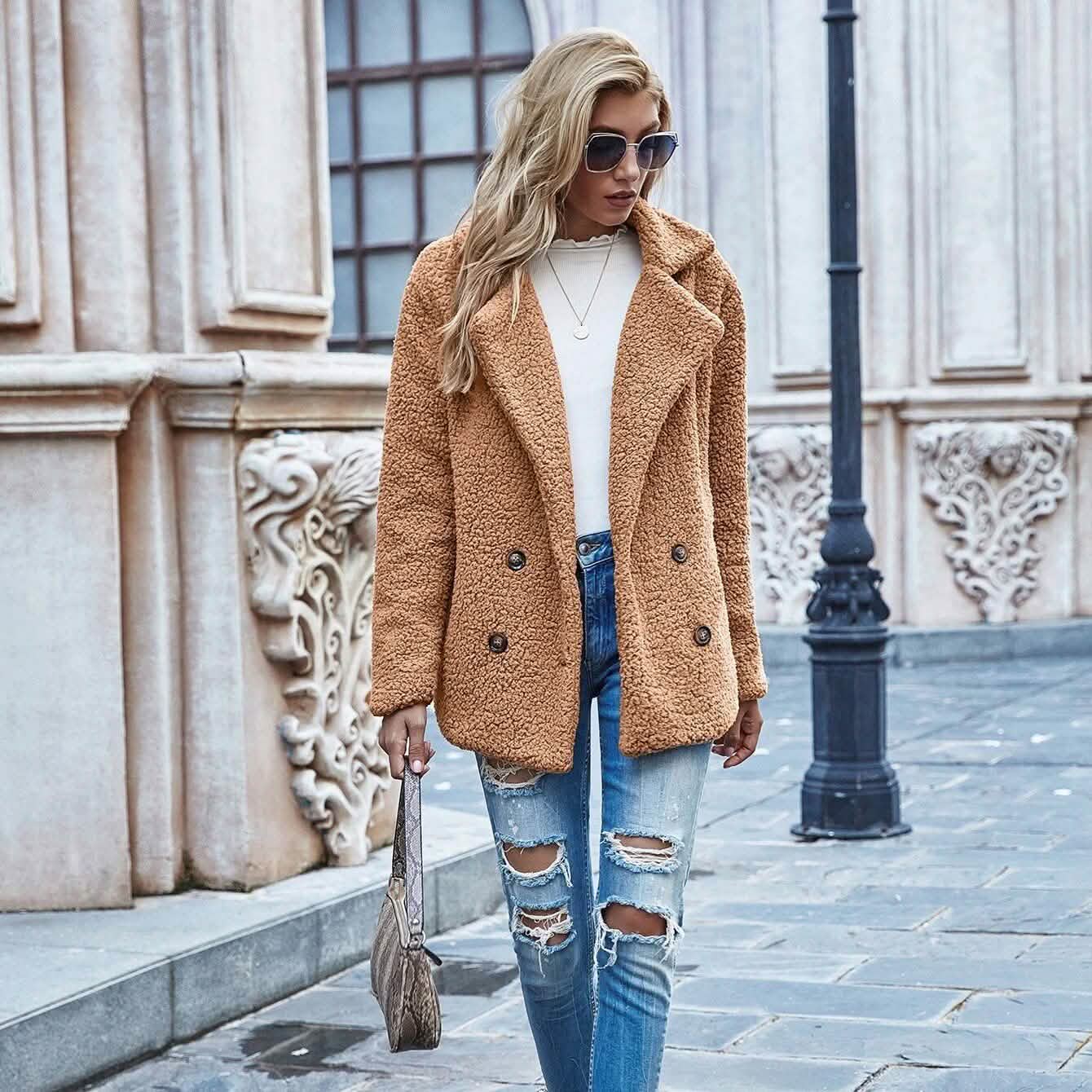 Lapel Collar Double Button Teddy Coat