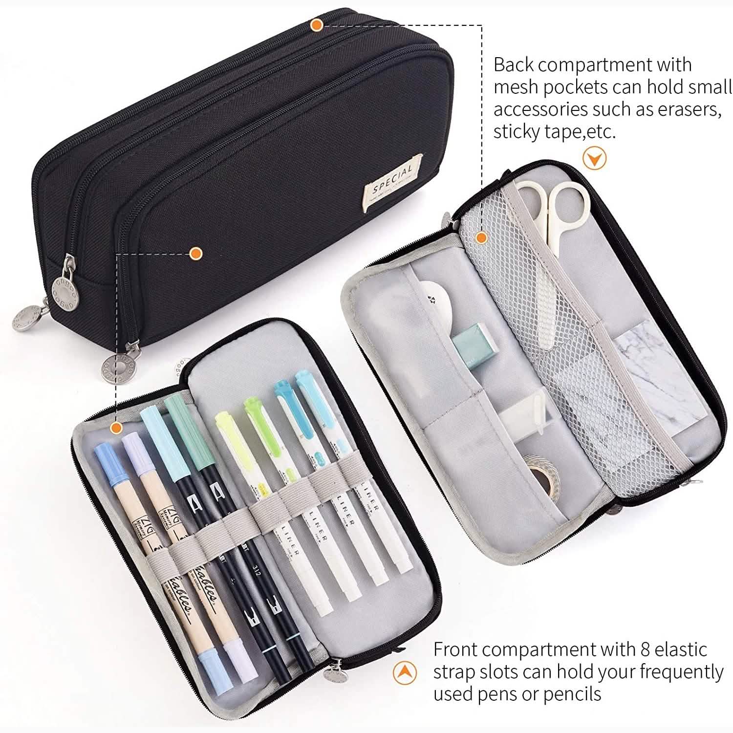 Large Capacity 3 Compartment Pouch Pencil Case