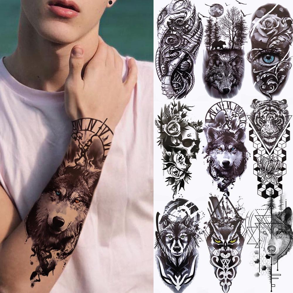 Large Wolf Tiger Black Tattoo Sticker Evil Death Temporary Tattoo Waterproof Big Tattoo Stickers For Mens Womens