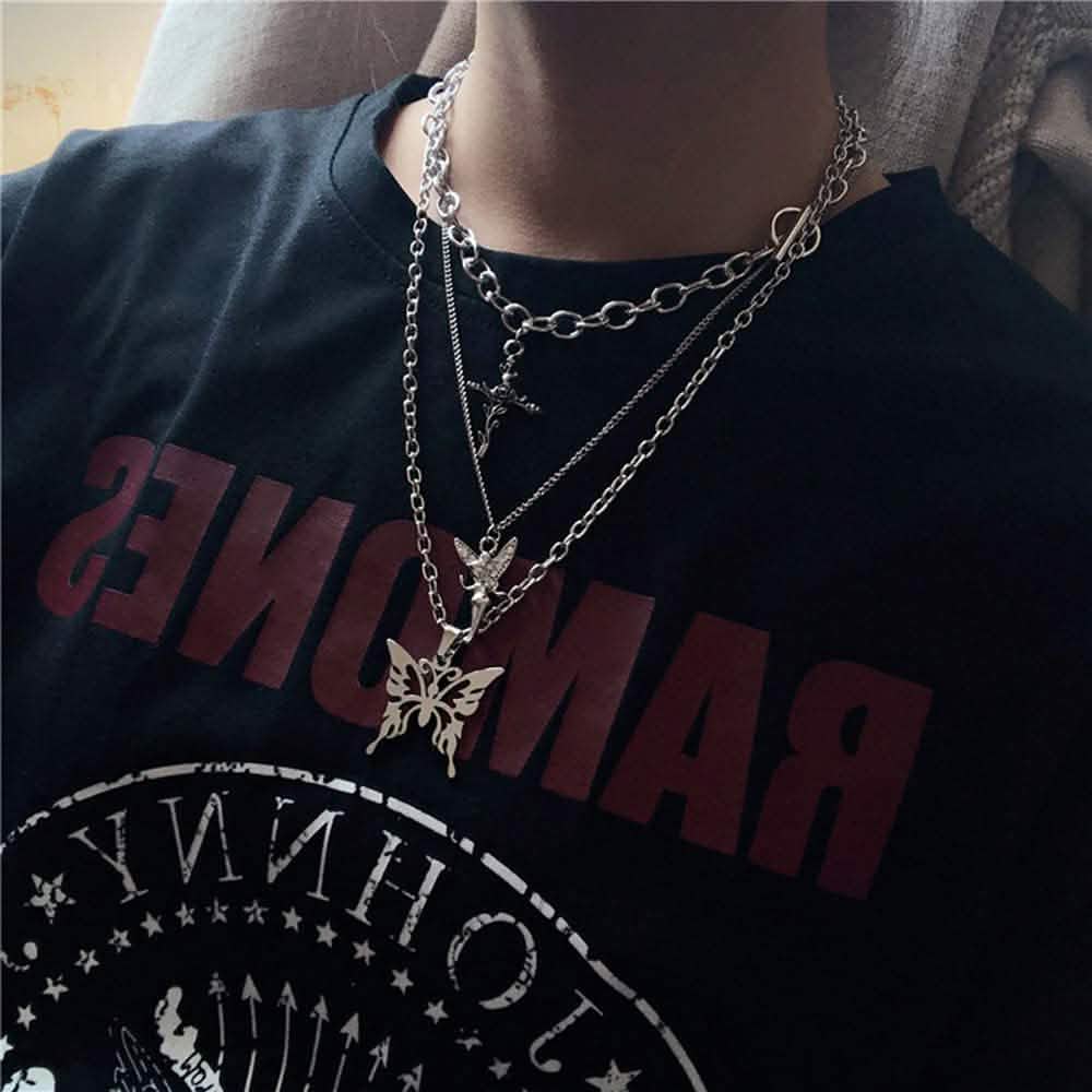 Layered Butterfly Cross Angel Pendant Necklace