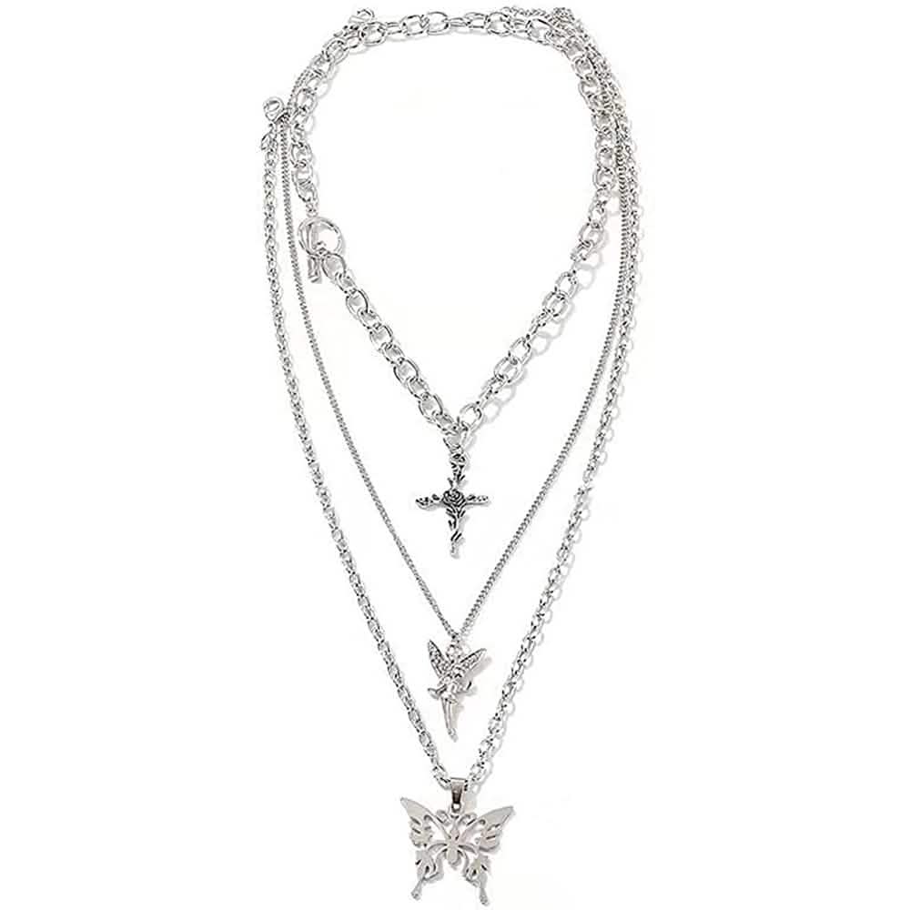 Layered Butterfly Cross Angel Pendant Necklace
