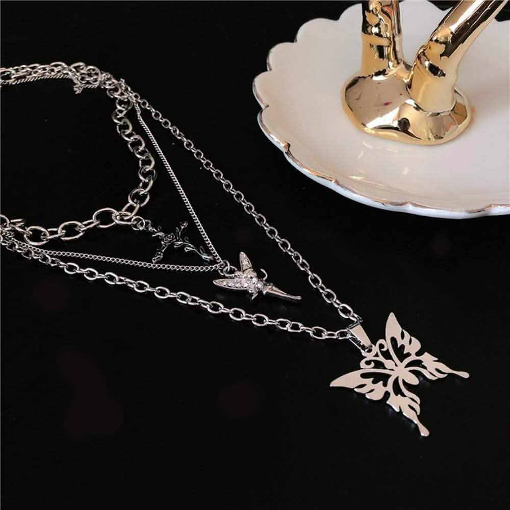 Layered Butterfly Cross Angel Pendant Necklace
