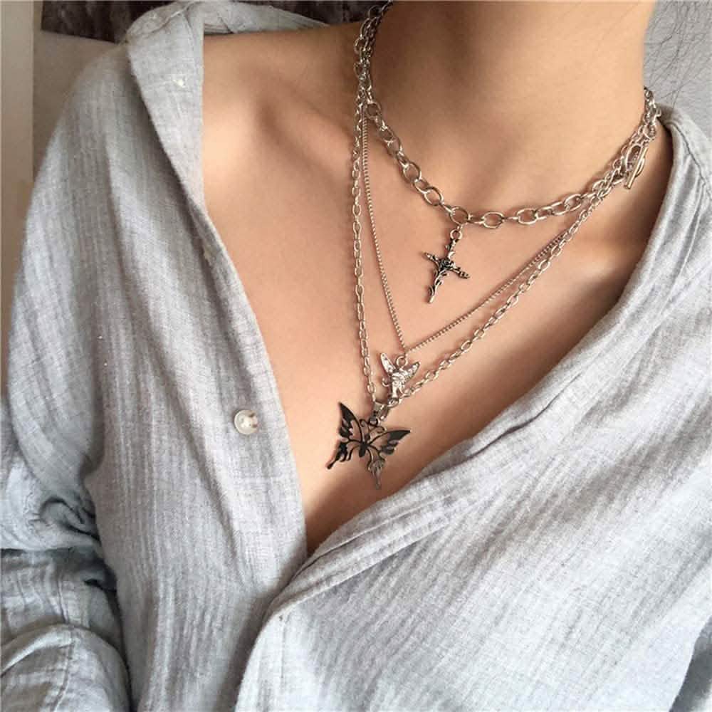 Layered Butterfly Cross Angel Pendant Necklace