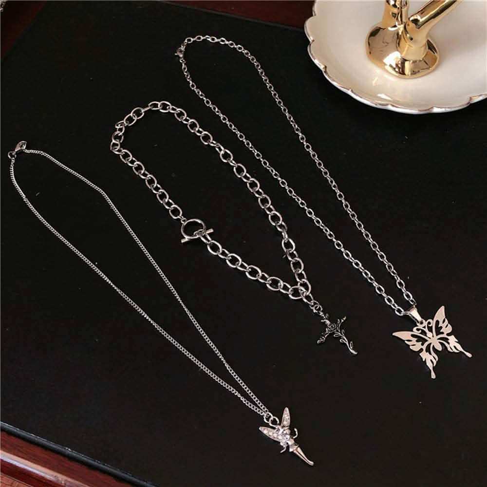 Layered Butterfly Cross Angel Pendant Necklace