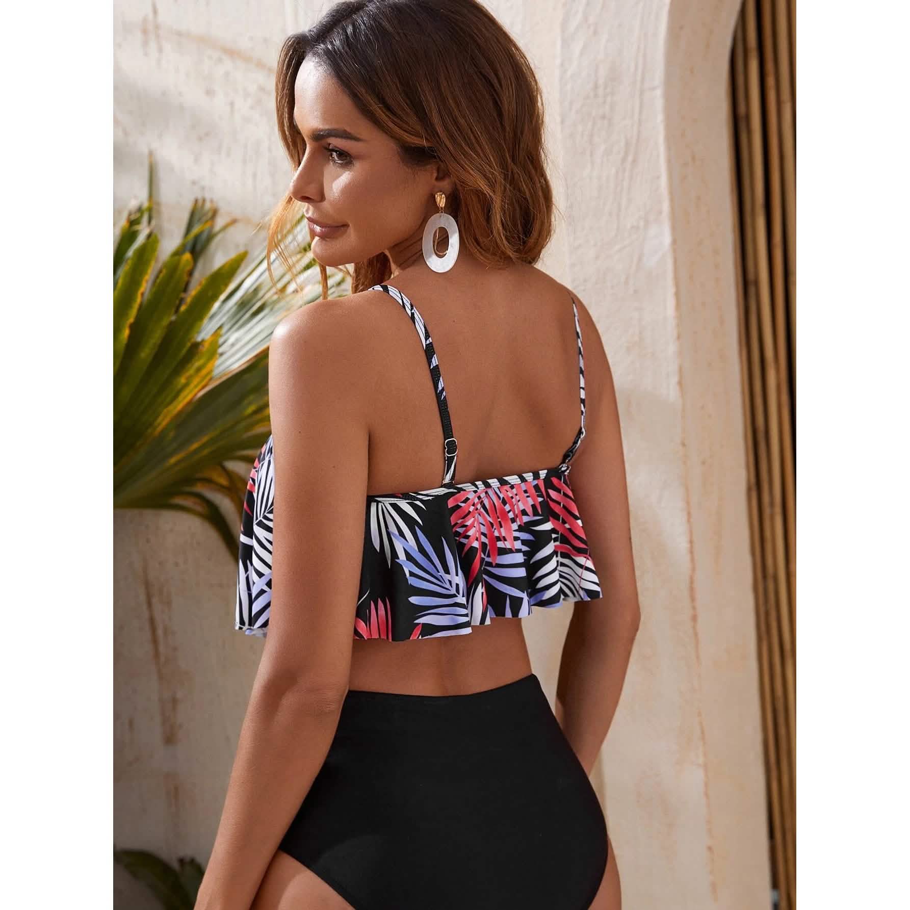 Leaf Print Hanky Hem High Waisted Bikini Swimsuit