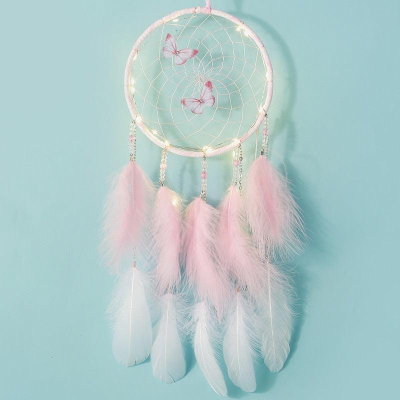 LED Dream Catcher Lamp Flying Wind Chimes Lighting Dream-catcher Handmade Ornaments Traditional Gifts Feather Pendant Romantic Creative Wall Hanging Home Wall Decoration Ornament Craft Native American Style
