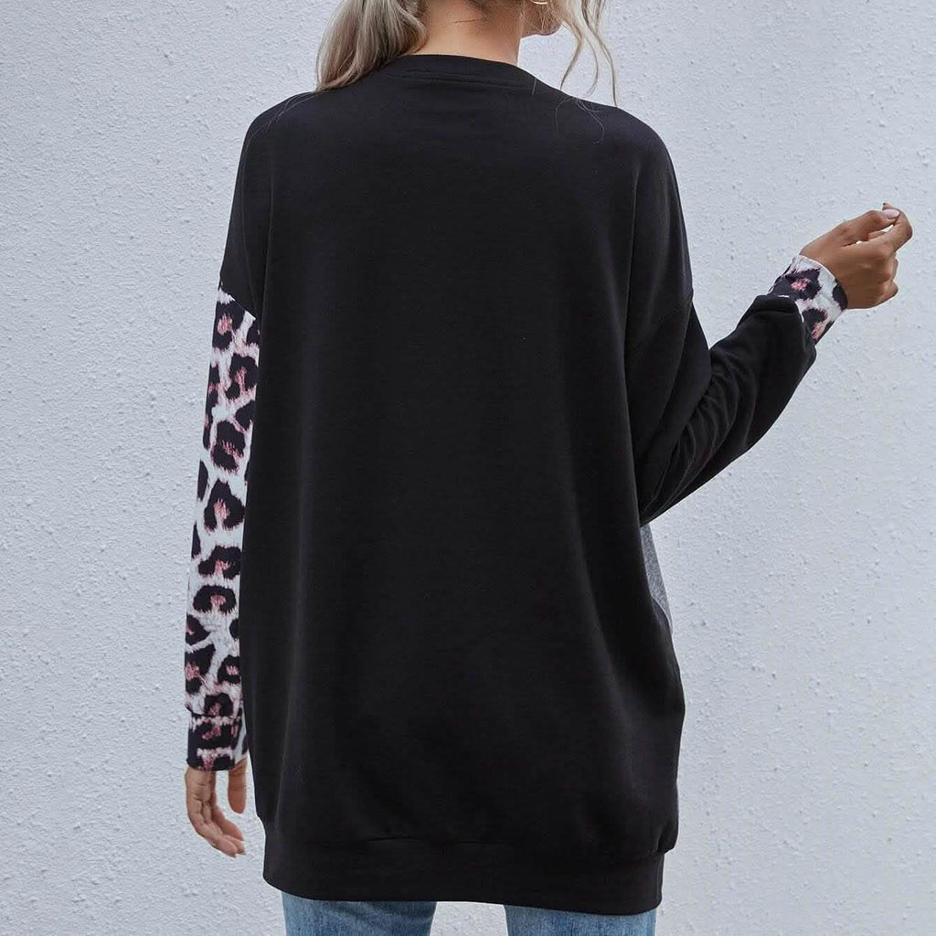 Leopard Print Colorblock Drop Shoulder Sweatshirt