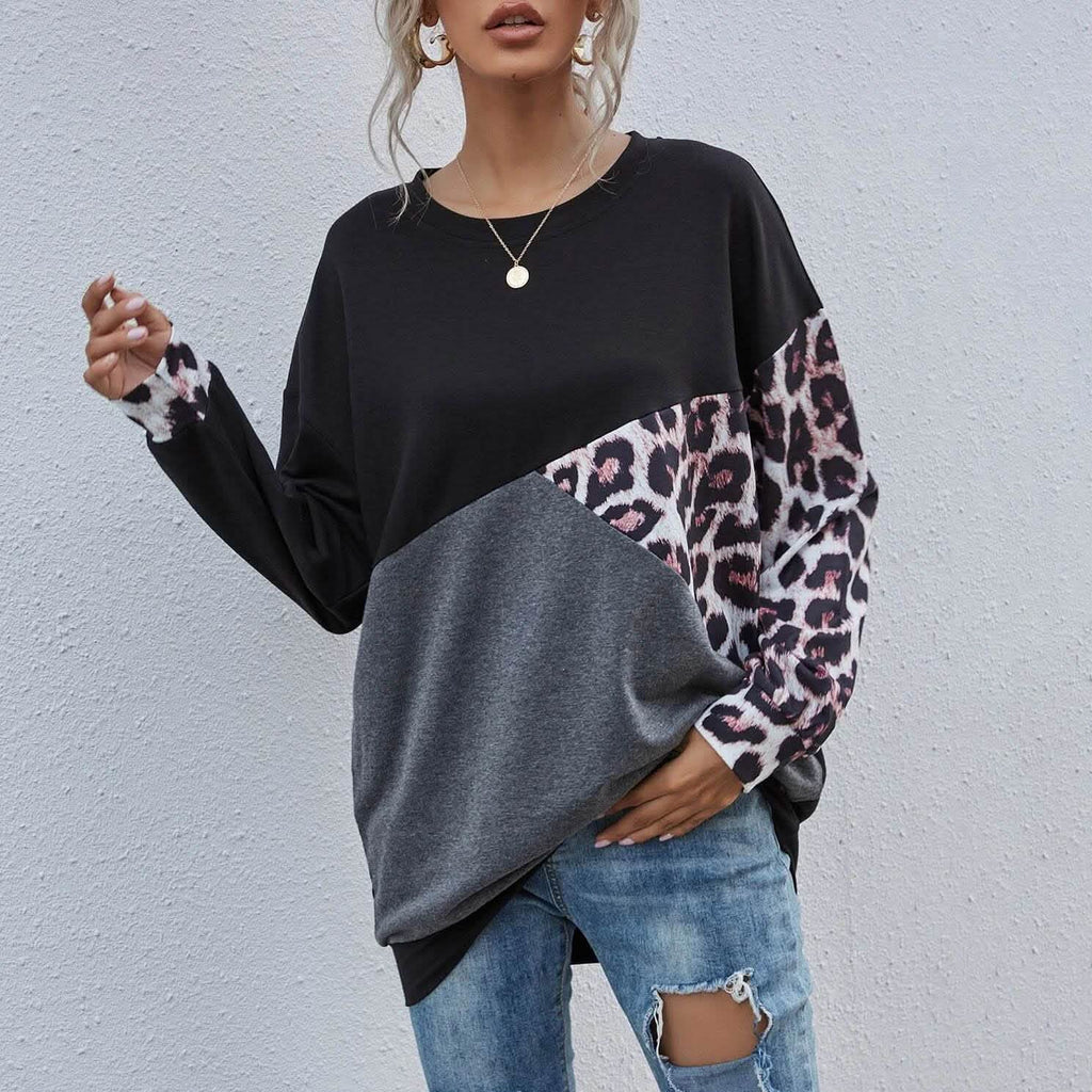 Leopard Print Colorblock Drop Shoulder Sweatshirt