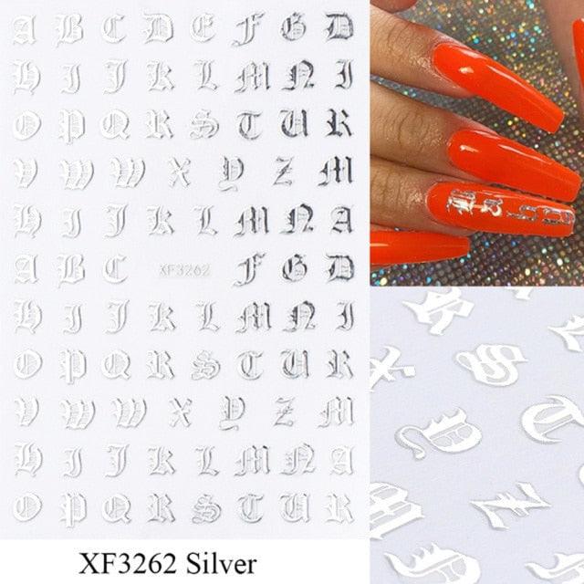Letter 3D Decals Nail Art Stickers English Old Font Black Number Tattoo Nails Design Water Sliders Manicure Decoration 3D Nail Supplies Holographic Old English Character Nail Self-Adhesive Sticker English Font Design Manicure Decorations Accessories