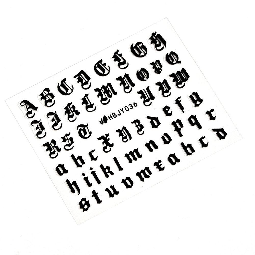 Letter 3D Decals Nail Art Stickers English Old Font Black Number Tattoo Nails Design Water Sliders Manicure Decoration 3D Nail Supplies Holographic Old English Character Nail Self-Adhesive Sticker English Font Design Manicure Decorations Accessories