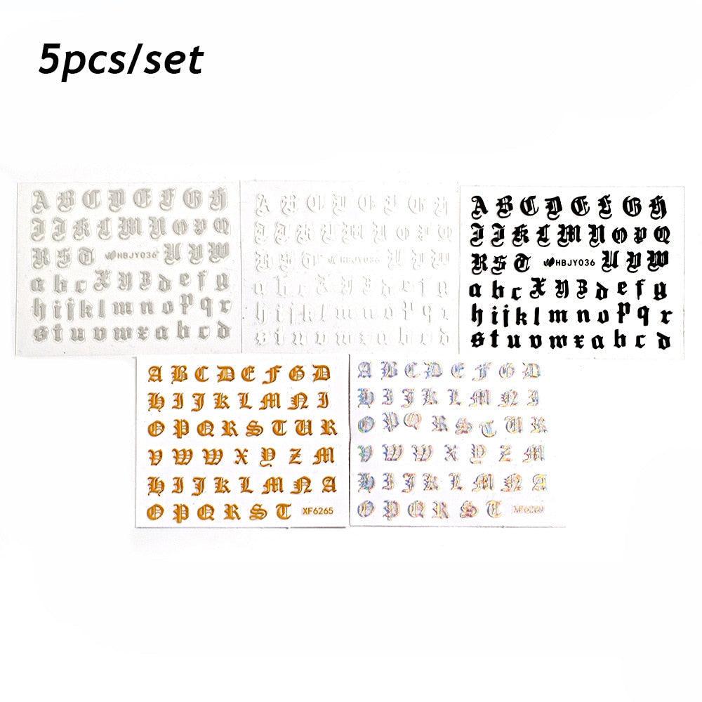 Letter 3D Decals Nail Art Stickers English Old Font Black Number Tattoo Nails Design Water Sliders Manicure Decoration 3D Nail Supplies Holographic Old English Character Nail Self-Adhesive Sticker English Font Design Manicure Decorations Accessories