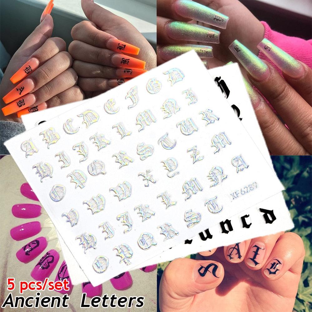 Letter 3D Decals Nail Art Stickers English Old Font Black Number Tattoo Nails Design Water Sliders Manicure Decoration 3D Nail Supplies Holographic Old English Character Nail Self-Adhesive Sticker English Font Design Manicure Decorations Accessories