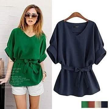Linen-Blend Loose-Cut Casual Short Sleeve Top with Belt