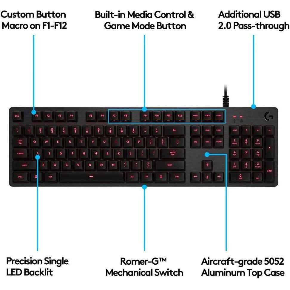 Logitech G413 Backlit Mechanical Gaming Keyboard USB Passthrough Carbon (Refurbished)