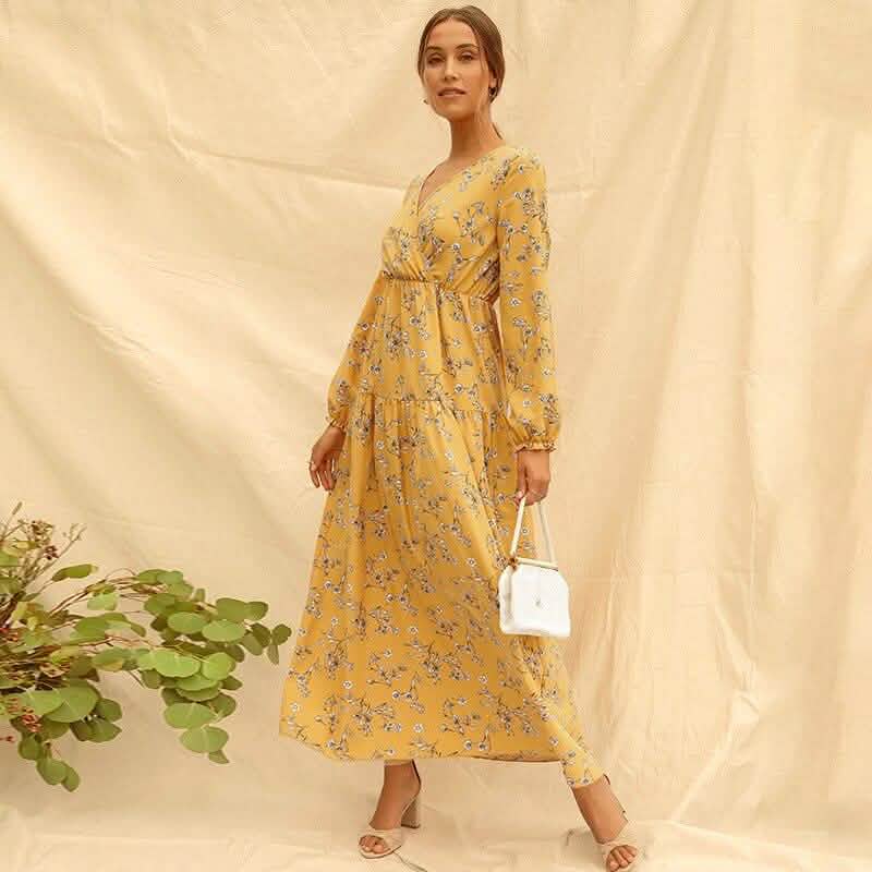 Long Sleeve Fashion Casual High Waist Maxi Dress Slim Floral Print V Neck