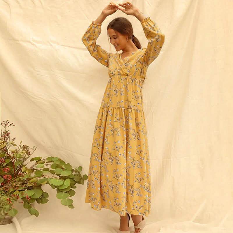 Long Sleeve Fashion Casual High Waist Maxi Dress Slim Floral Print V Neck
