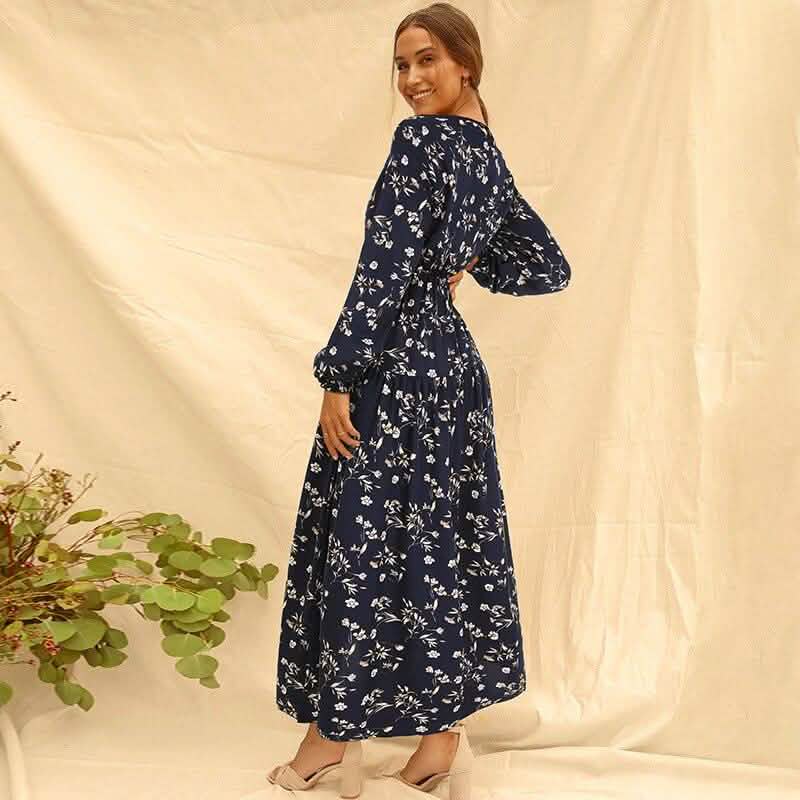 Long Sleeve Fashion Casual High Waist Maxi Dress Slim Floral Print V Neck