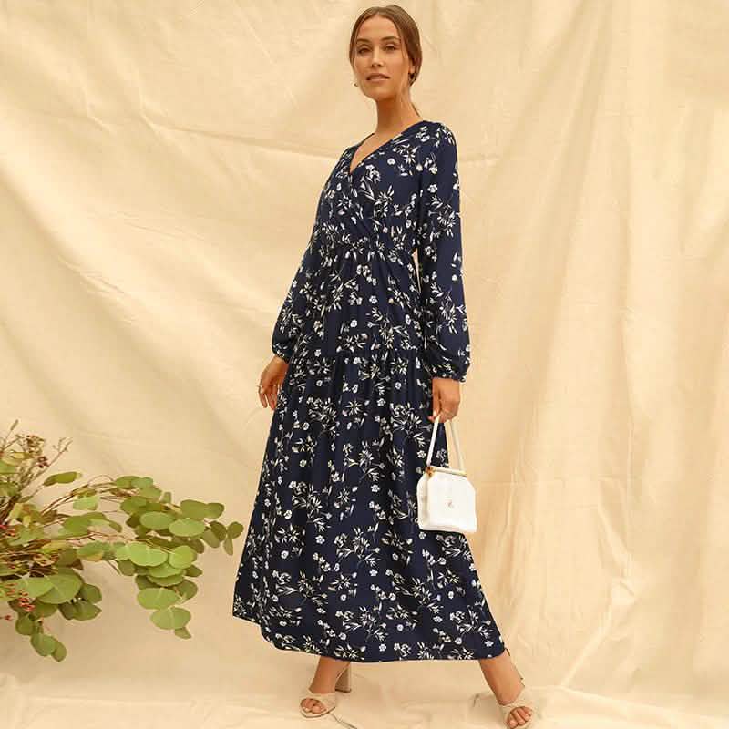 Long Sleeve Fashion Casual High Waist Maxi Dress Slim Floral Print V Neck