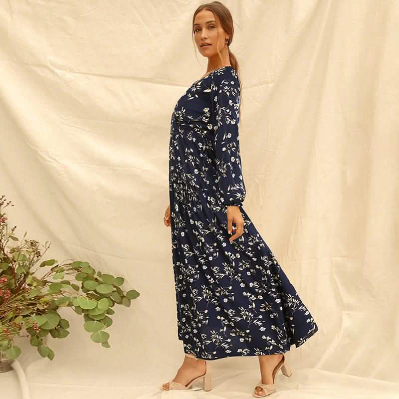 Long Sleeve Fashion Casual High Waist Maxi Dress Slim Floral Print V Neck