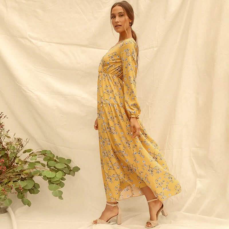 Long Sleeve Fashion Casual High Waist Maxi Dress Slim Floral Print V Neck