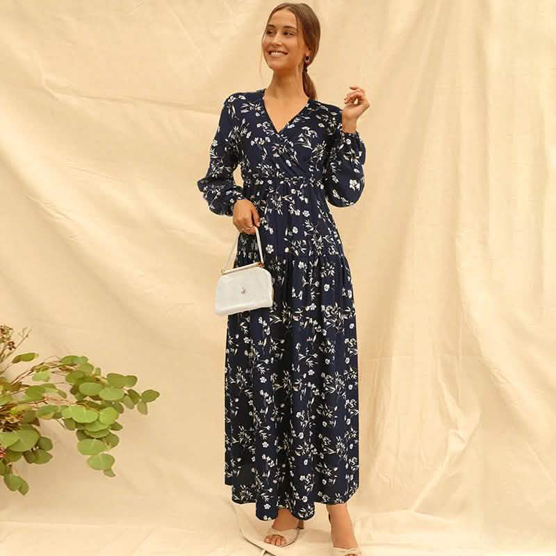 Long Sleeve Fashion Casual High Waist Maxi Dress Slim Floral Print V Neck