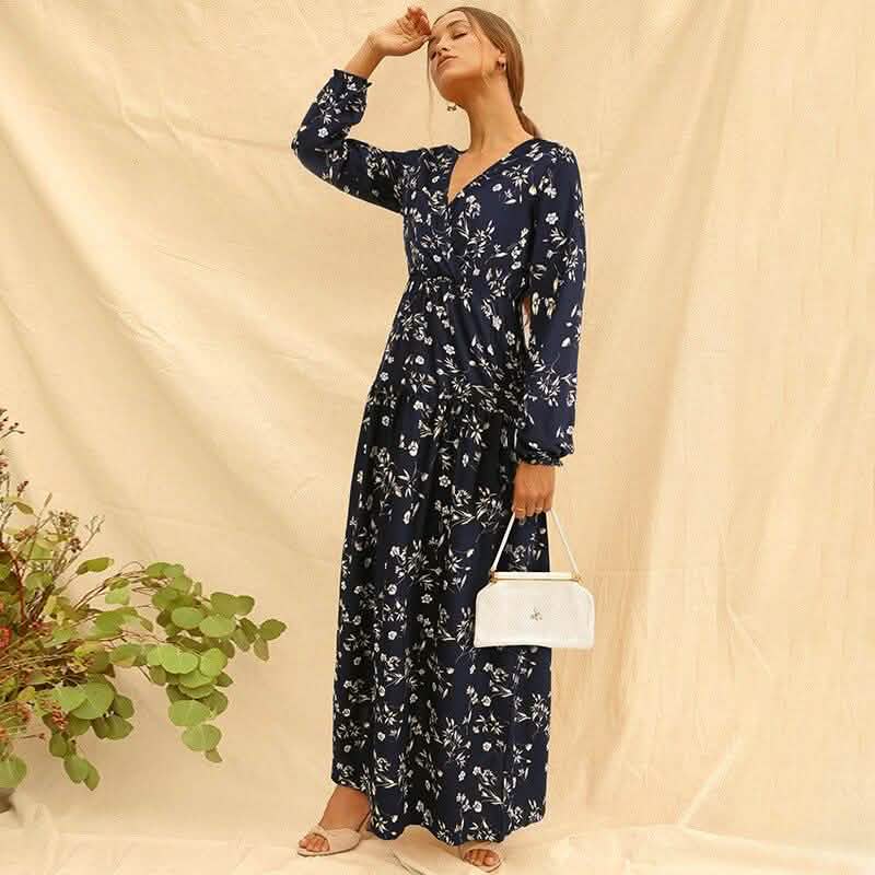 Long Sleeve Fashion Casual High Waist Maxi Dress Slim Floral Print V Neck