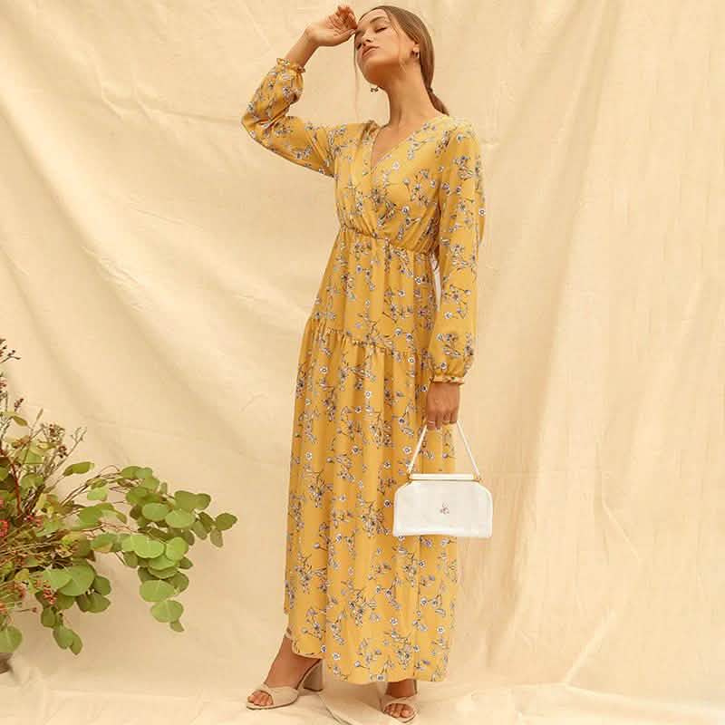 Long Sleeve Fashion Casual High Waist Maxi Dress Slim Floral Print V Neck