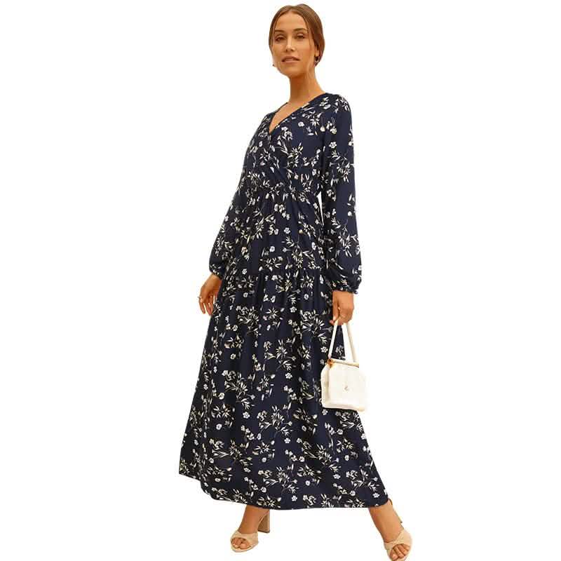 Long Sleeve Fashion Casual High Waist Maxi Dress Slim Floral Print V Neck