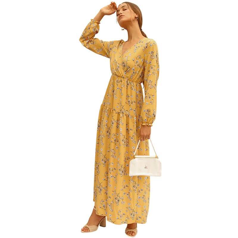 Long Sleeve Fashion Casual High Waist Maxi Dress Slim Floral Print V Neck