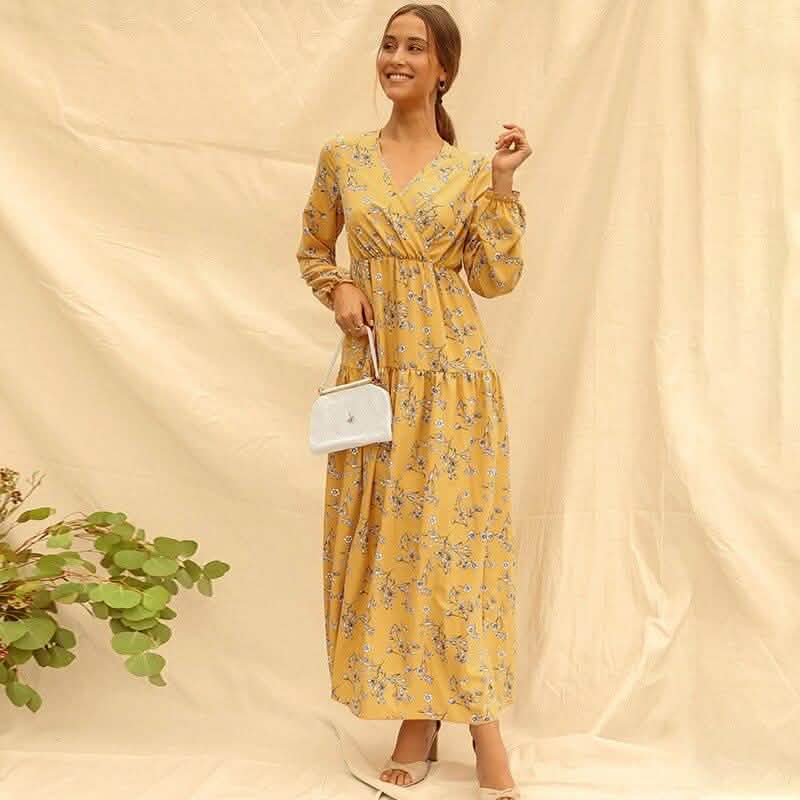 Long Sleeve Fashion Casual High Waist Maxi Dress Slim Floral Print V Neck