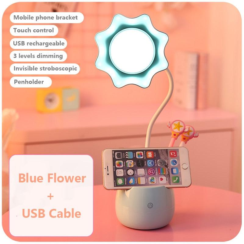 Lovely 3 Levels Dimmer Reading Table Lamp Pen Case Base Student LED Desk Lamp Girls Charge Bedside Lamp for Bedroom Studyroom Cute Study Lamps for Bedroom Décor