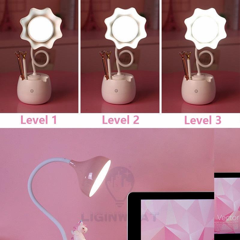 Lovely 3 Levels Dimmer Reading Table Lamp Pen Case Base Student LED Desk Lamp Girls Charge Bedside Lamp for Bedroom Studyroom Cute Study Lamps for Bedroom Décor