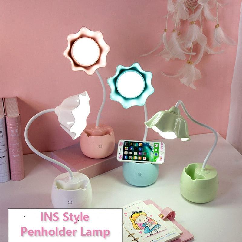 Lovely 3 Levels Dimmer Reading Table Lamp Pen Case Base Student LED Desk Lamp Girls Charge Bedside Lamp for Bedroom Studyroom Cute Study Lamps for Bedroom Décor