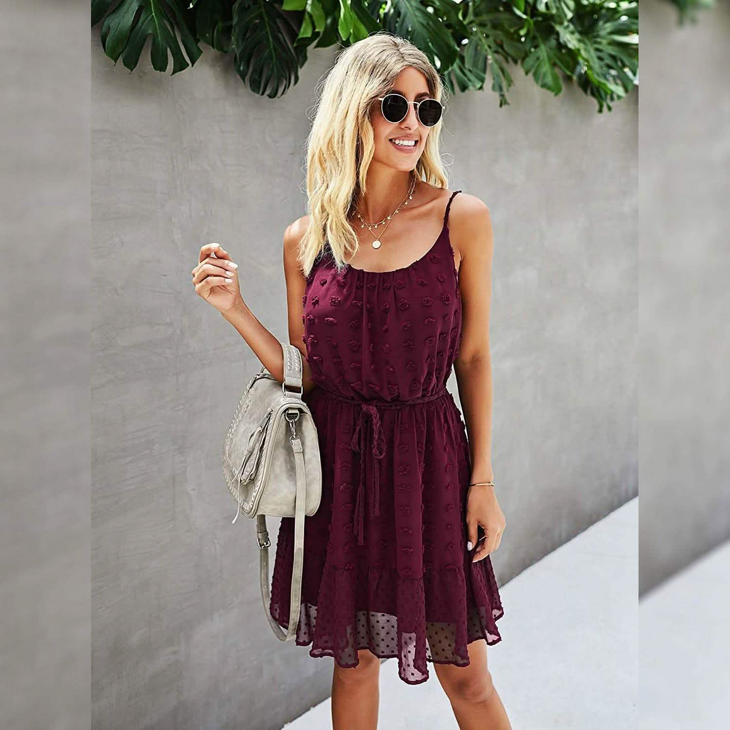 Lovinchic Women's Spaghetti Strap Tied Waist Floral Mini Dress Summer Casual Flowy Dress