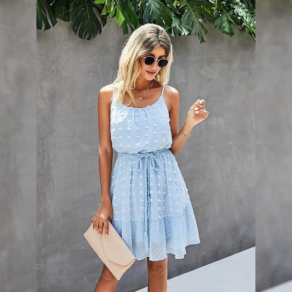 Lovinchic Women's Spaghetti Strap Tied Waist Floral Mini Dress Summer Casual Flowy Dress