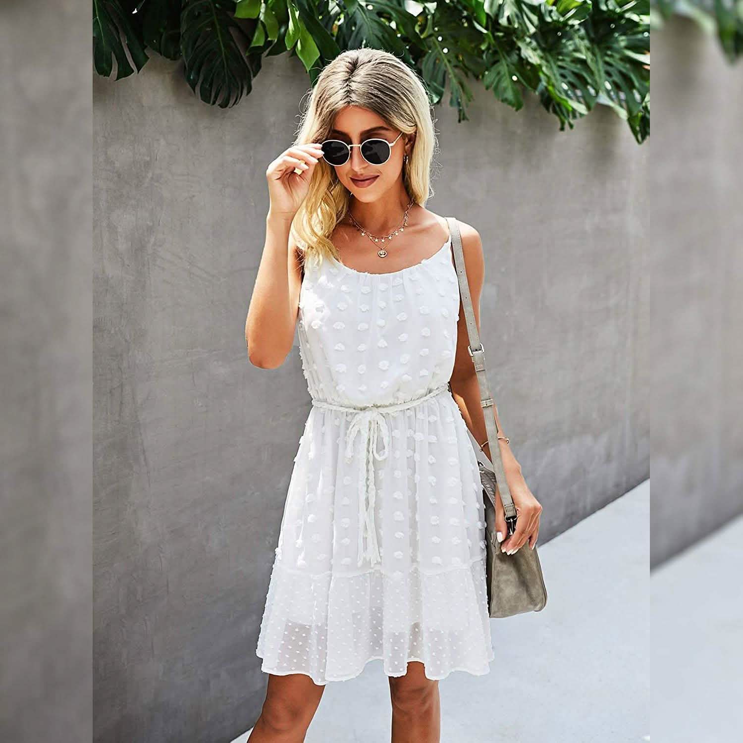 Lovinchic Women's Spaghetti Strap Tied Waist Floral Mini Dress Summer Casual Flowy Dress