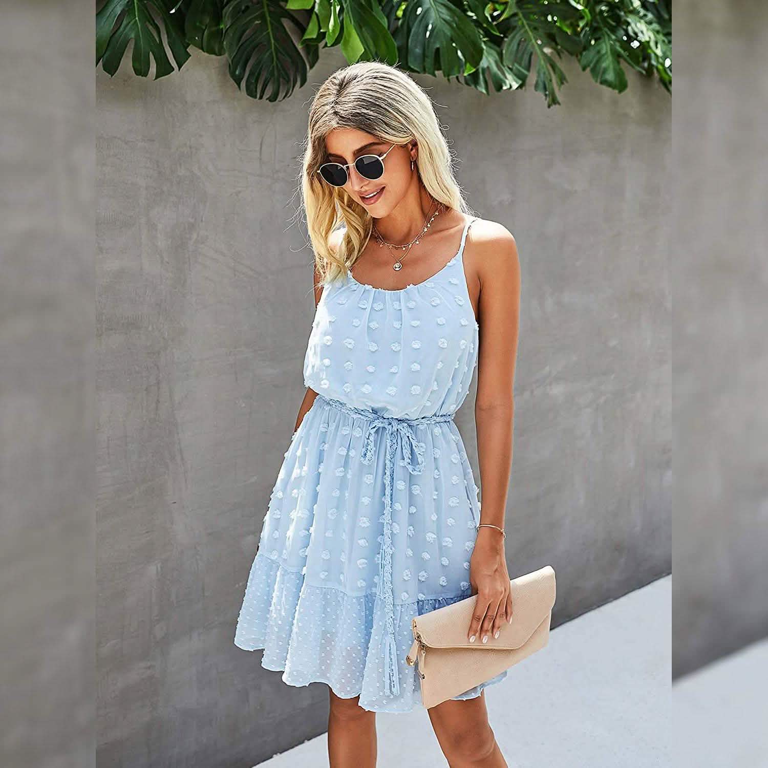 Lovinchic Women's Spaghetti Strap Tied Waist Floral Mini Dress Summer Casual Flowy Dress