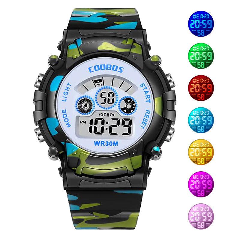 Luminous Camouflage Kids Watches LED Colorful Flash Digital Waterproof Alarm Date Week Digital Sport Watch For Boys Girls Kid Waterproof Electronic Multi Function Casual Outdoor Watches