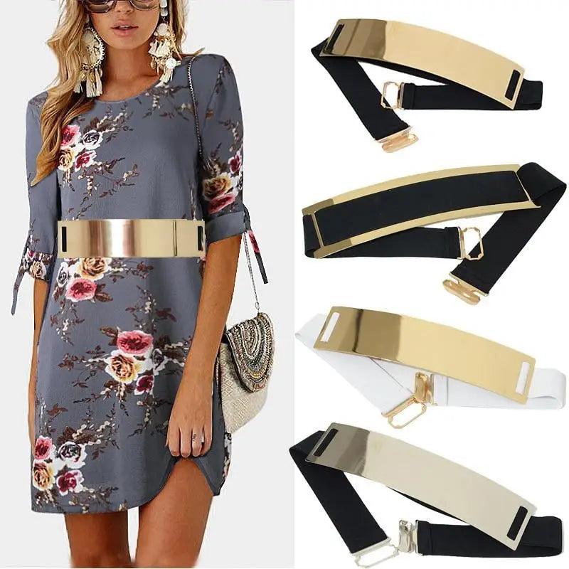 Luxurious Gold Wide Strap Elastic Belts For Women Elegant Metal Polished Plain Gold Belt Black Wide Strap Waistband for Women