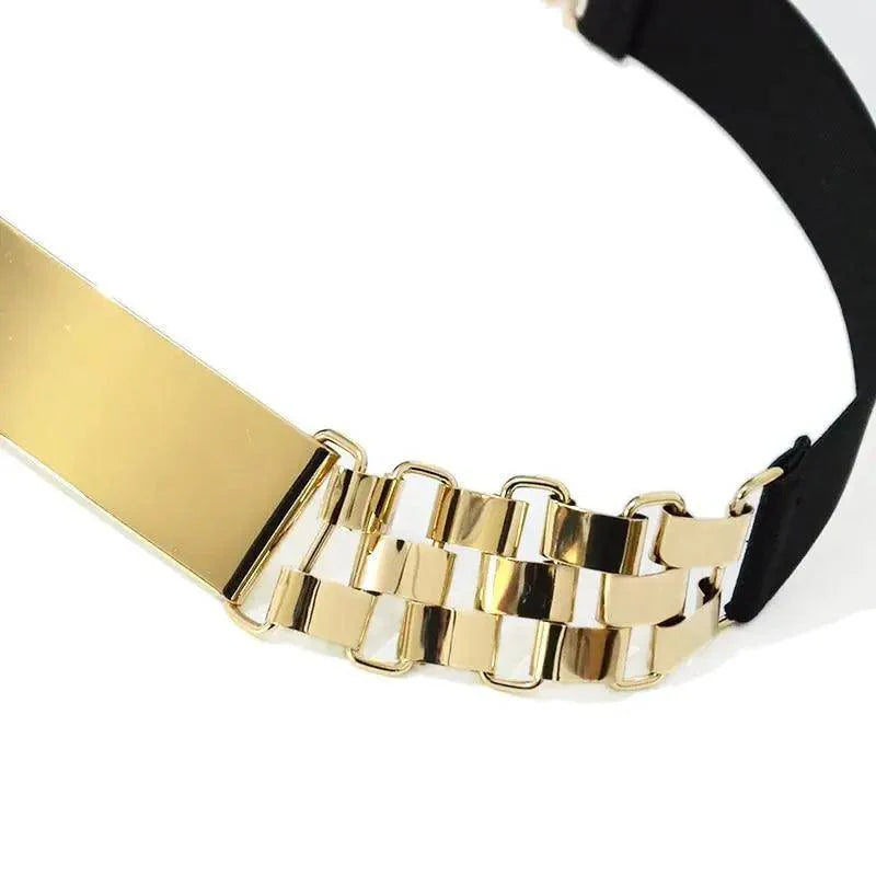 Luxurious Gold Wide Strap Elastic Belts For Women Elegant Metal Polished Plain Gold Belt Black Wide Strap Waistband for Women