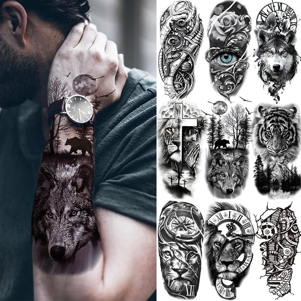 Luxury Black Forest Tiger Wolf Tattoo Sticker Temporary Tattoo Animals Colorful Big Tattoo Stickers For Mens Womens