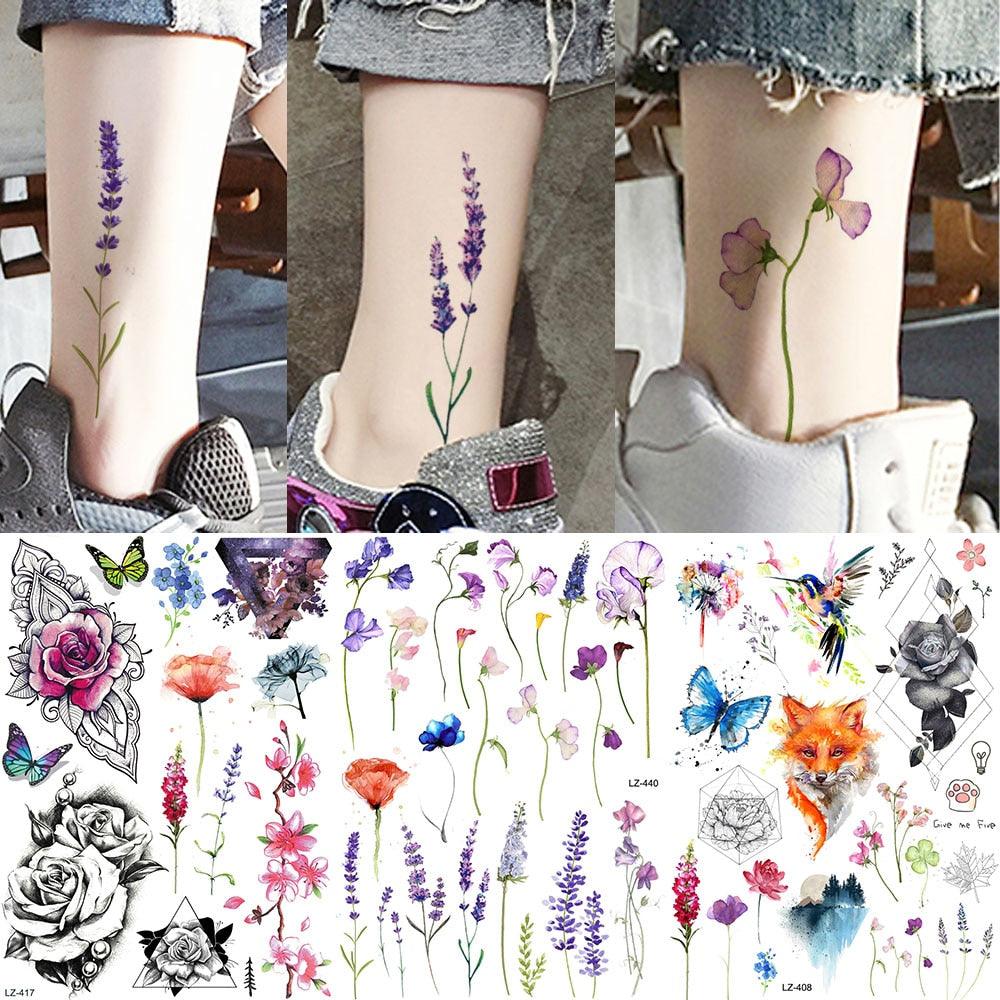 Luxury Colorful Flower Lavender Waterproof Temporary Tattoos Animals Arm Chest Tattoo Stickers Elegant Summer Style For Womens Mens