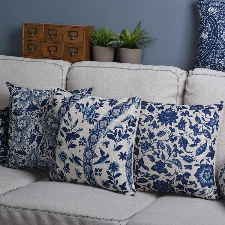 Luxury Decorative Throw Square Linen Pillowcase Blue And White Flower Bedroom Room Sofa Porcelain Printed Cushion Cover Decorative Sofa Throw Pillow Car Chair Home Decor Pillow Case Soft Design