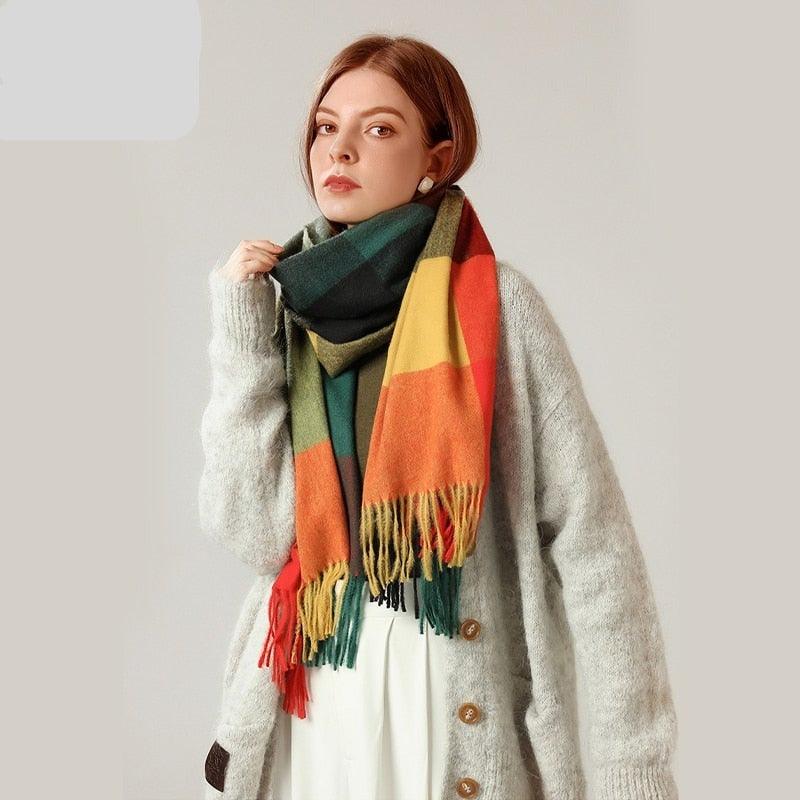Luxury Fashion Autumn Winter Soft Warm Scarf Plaid Colorful Hijabs Cashmere Scarves Warm Soft Bandana Women's Lightweight Scarves Elegant Echarpe  Escharpe Soft Wool Elegant Tassel For Women