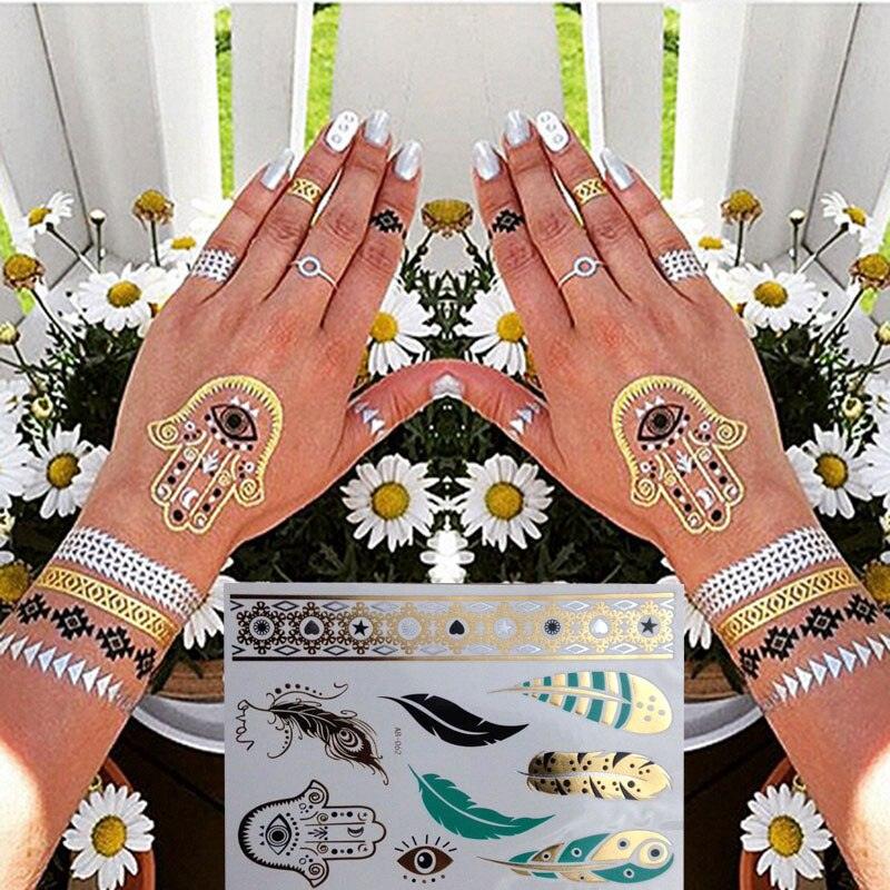 Luxury Flash Metallic Waterproof Temporary Tattoo Gold Silver Flower Tattoo Sticker Long Lasting Gold Design For Womens