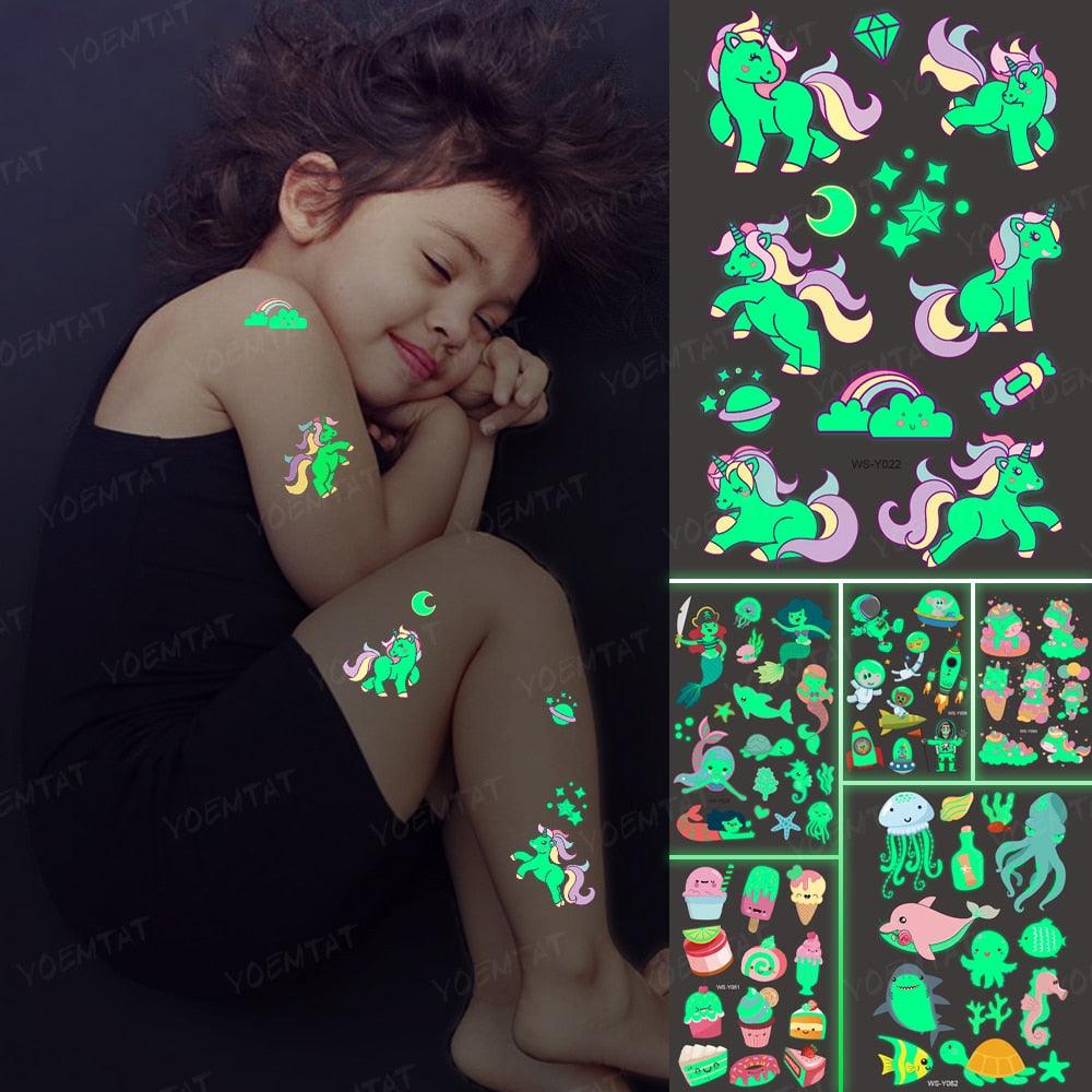 Luxury Luminous Tattoo Stickers Unicorn Stars Temporary Waterproof Luminous Fake Tattoos Stickers Dinosaur Butterfly For Children