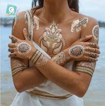 Luxury Metallic Temporary Tattoo Gold Silver Flower Sticker Long Lasting Gold Design For Womens